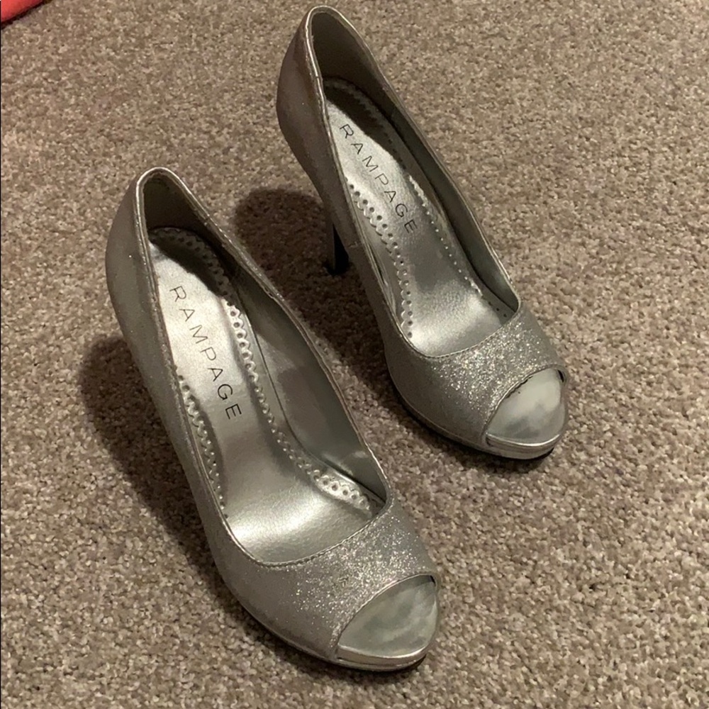 Sparkly silver open toe heels